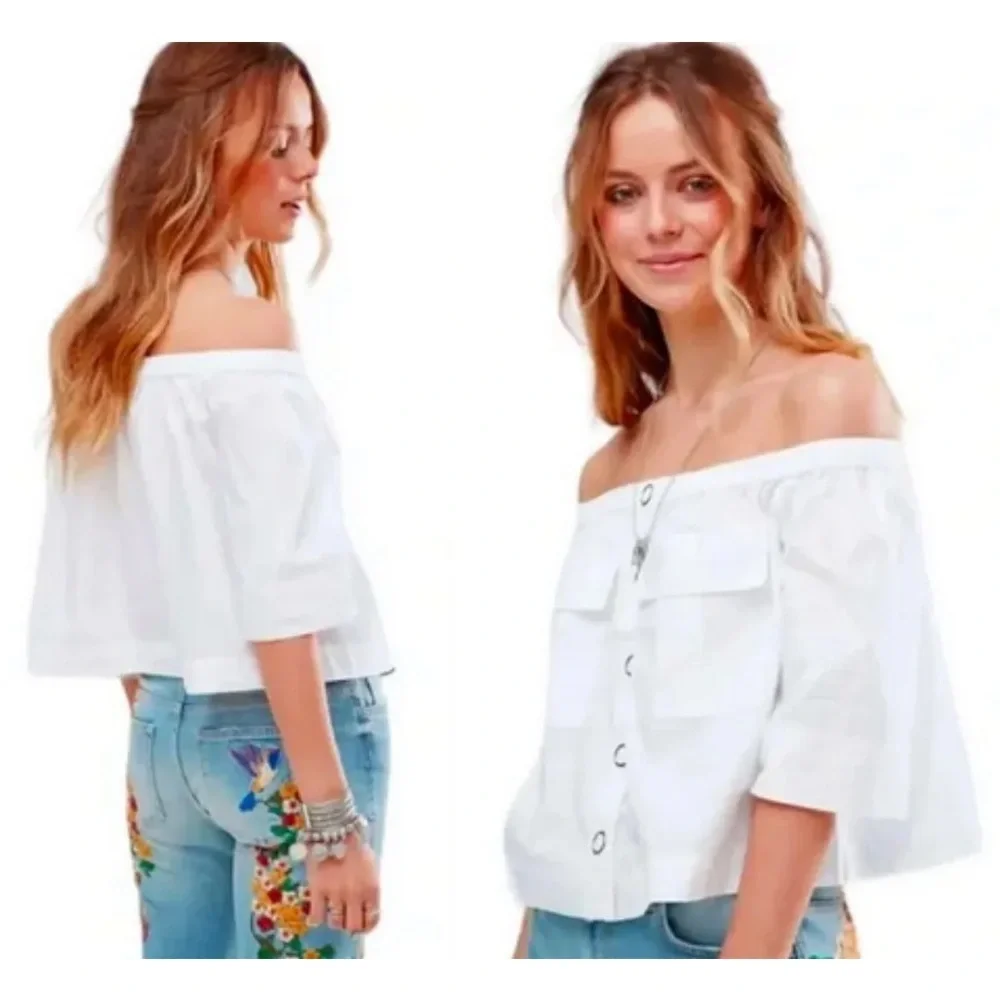 Free People Showing Shoulders Top Large 12 White 100% Cotton Breathable Cool NWT